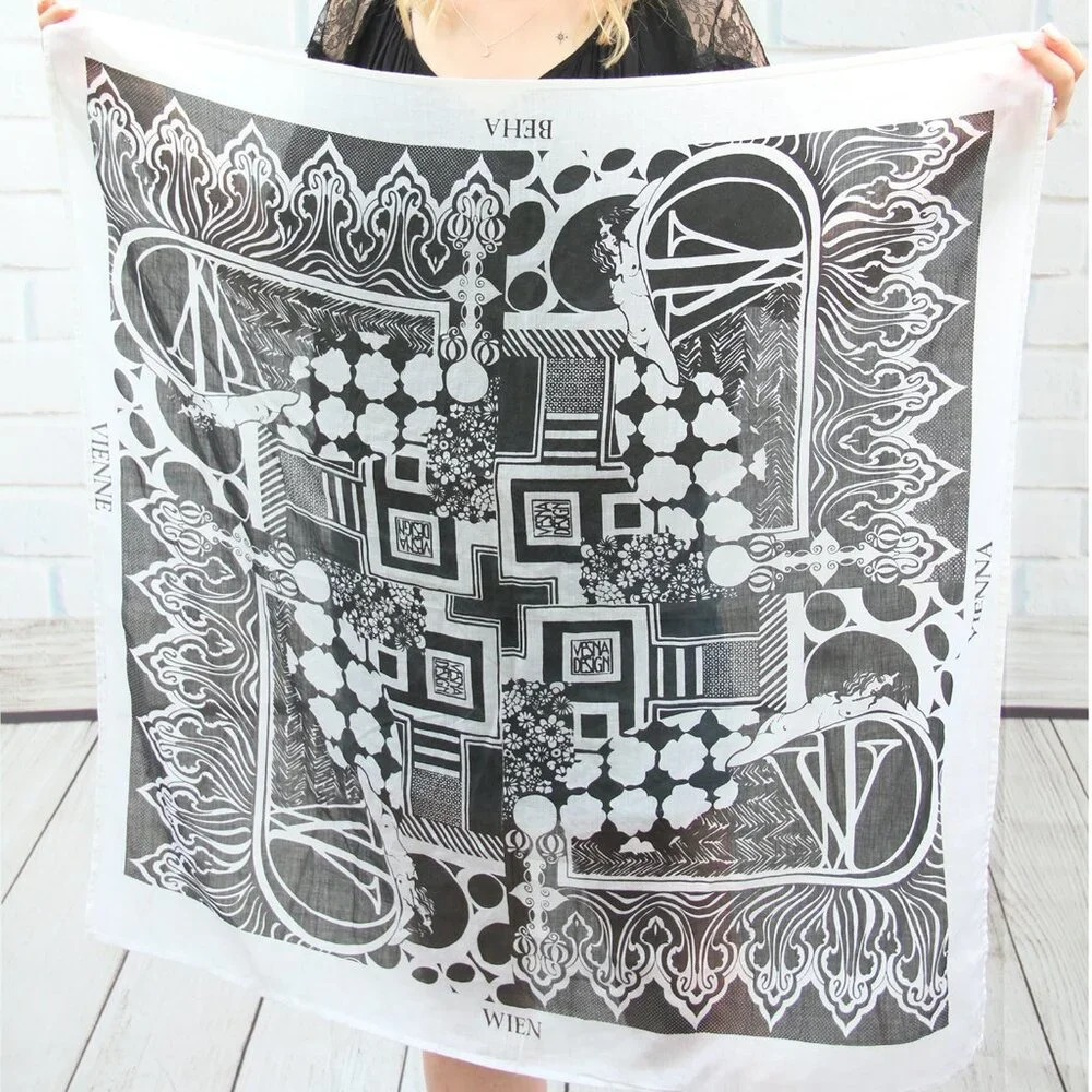 Vintage Deco Nouveau Verna Design B&W Square Cotton Scarf